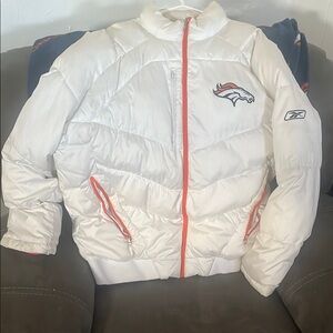 White and Orange Puffer Jacket with Quilted Design and Stand-Up Collar